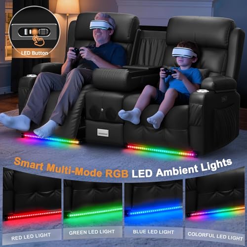 Home Theater Seating, Power Loveseat Recliner Sofa with Massage & Heating, Wall Hugger RV Couch with LED Lights & Built-in Speakers, Flip Backrest, Drawer, USB & Type-C Charging, Cup Holders, Pillows