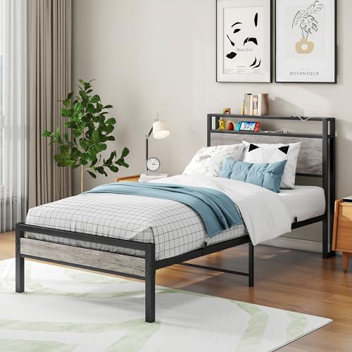 BOFENG Twin Bed Frame with Wood Storage Headboard/USB Charging Station,Heavy Duty Metal Single Platform Bed Frames No Box Spring Needed,Heavy Duty Metal Slats,Noise Free,Greige BOFENG