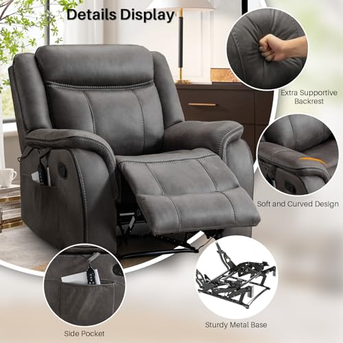 BAMCANFUR Massage Recliner Chair with Heated, Faux Leather Recliner Chairs for Adults, 39" Wide Manual Reclining Ergonomic Lounge Chair for Living Room with Overstuffed Backrest, Side Pocket, Grey BAMCANFUR