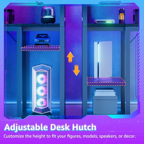 MEUIS 40 inch Small Gaming Desk with Pegboard Shelves Computer Desks with Led Lights Power Outlets PC Monitor Stand Reversible Storage Shelf Table for Bedroom Small Space, Black MEUIS