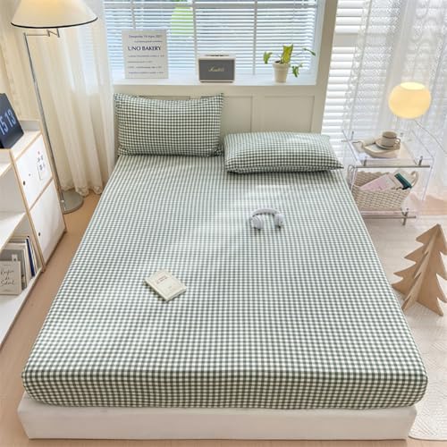 LifeTB Green Gingham Fitted Sheet King 1 Piece Plaid Bedding Sheet Soft 100% Washed Cotton Grid Single Bottom Sheet Green Gingham Bed Sheet Cotton Mattress Cover 15" Deep Pocket Farmhouse Grid Sheet LifeTB