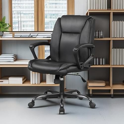 PayLessHere PU Leather Task Chair Home Office Chair Ergonomic Desk Chair with Lumbar Support and Armrests Adjustable Features with Mid Back Swivel Executive Computer Chair (Black) PayLessHere