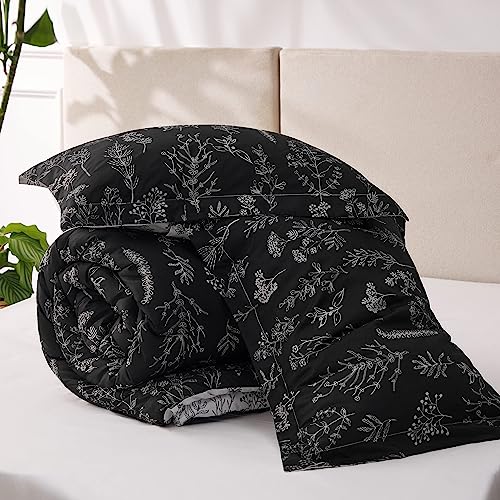 Bedsure Full Comforter Set - Black Bed Set, 3 Pieces Cute Floral Bedding, 1 Soft Reversible Botanical Flowers Comforter and 2 Pillow Shams Bedsure
