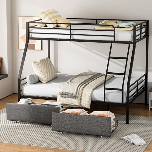 Mixcous Bunk Beds Twin Over Full Size, Heavy Duty Bunk Beds with 2 Storage Drawers, Safety Guardrails & Padded Ladder, Twin Over Full Bunk Bed, No Box Spring Needed, Black Mixcous