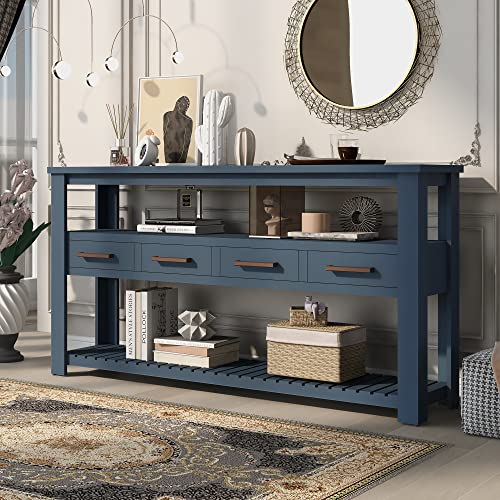 Modern 62.2" Console Table, Sofa Table with 4 Drawers and 2 Shelves, Suitable for Entrance, Hallway, Living Room, Bedroom (Navy Blue@G>) Hlcodca