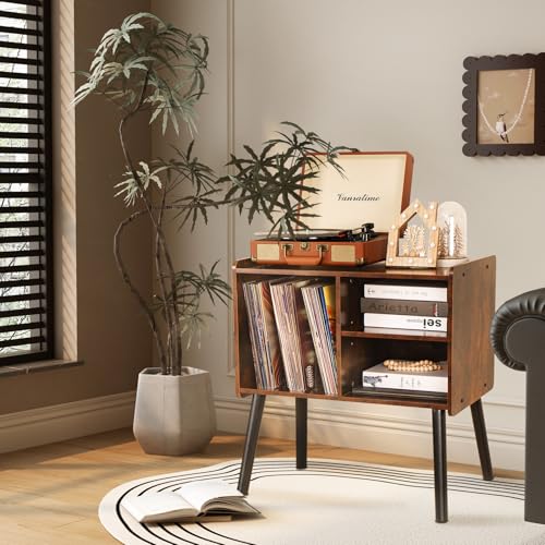 BEROXII Record Player Stand, Mid-Century Record Player Table with Storage Hold Up to 150 Albums , Vinyl Record Cabinet with Adjustable Shelves , Wood Turntable Stand for Living Room Bedroom, (Brown) BEROXII