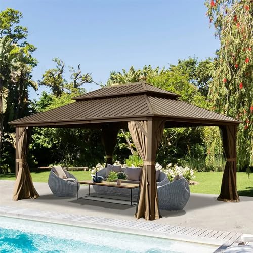 Domi Hardtop Gazebos 10x14FT, Aluminum Metal Gazebo with Galvanized Steel Double Roof Canopy, Curtain and Netting, Permanent Gazebo Pavilion for Patio, Backyard, Deck and Lawn, Brown domi outdoor living