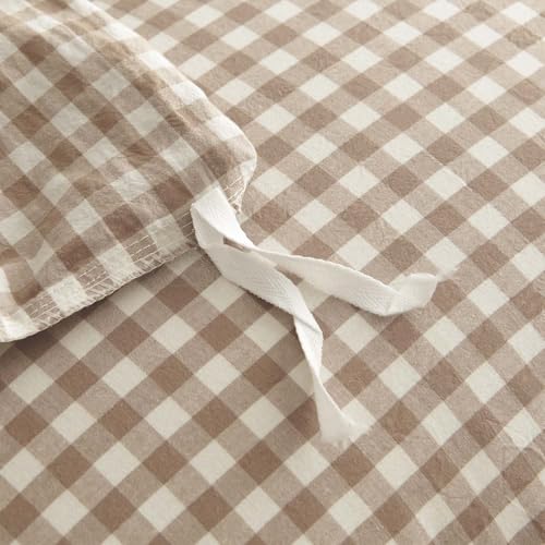Nayoroom Gingham Duvet Cover Queen Size 100% Washed Cotton Brown Tan Plaid Checkered Comforter Cover 3 Pcs Soft Breathable Grid Farmhouse Dorm Bedding Set for All Seasons Nayoroom