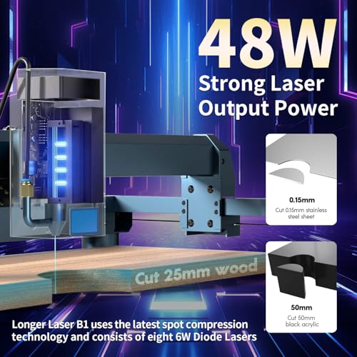 Longer B1 40W Laser Engraver, 48000mW Output Laser Cutter Machine with Auto Air Assist, 440mm*440mm Honeycomb, Y-axis Rotary Roller 360° Rotation with Bracket,8Pcs Laser Engraver Raiser QFLONGER