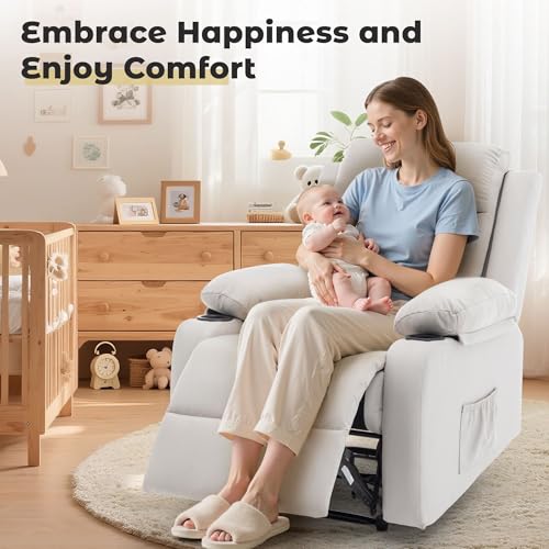 Korser Recliner Chair for Adults, Small Recliners for Small Spaces, Nursery Recliner with Adjustable Backrest, Manual Recliner with Cup Holders and Side Pockets, Chair for Living Room,Bedroom, Beige