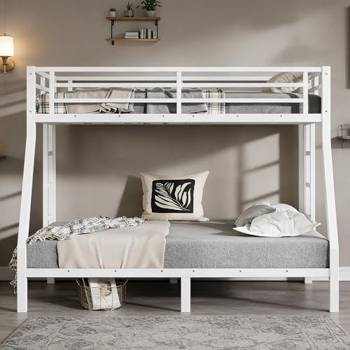 Bellemave Twin Over Full Bunk Bed with Ladders, Metal Bunk Beds Frame with Full-Length Guardrails, Heavy-Duty Bunkbed for Bedroom, Guest Room, Dorms, Noise-Reduce and No Spring Box Needed, White Bellemave