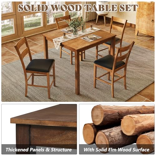 AMERLIFE Solid Wood 5-Piece Dining Table Set, Mid Century Modern Dining Set W/ 4 Chairs, Chairs with Curved Backrests & PU Cushioned, Space Saving, Black/Walnut AMERLIFE