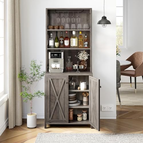 DWVO 67" Tall Wine Bar Cabinet for Liquor and Glasses, Farmhouse Kitchen Cabinet Coffee Bar with Adjustable Shelves, Open Storage Shelves, Buffet Kitchen Cabinet for Dinning Room, Kitchen, Grey Wash DWVO