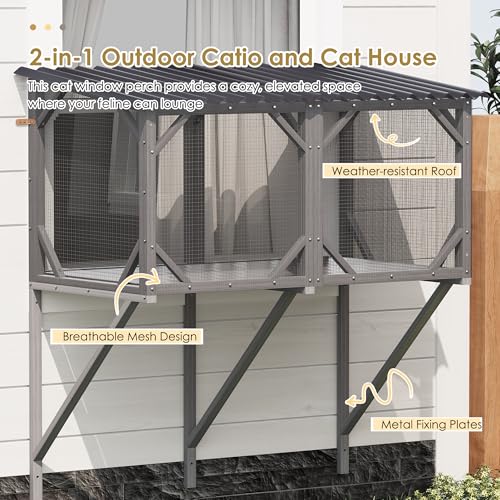 Cat Window Perch, Cat Catio for Large Indoor Cats, Outdoor Pet House Weatherproof, Catio Outdoor Enclosure, Space-Saving Pet Furniture for Window Naps and Sunbathing (Black+ Gray, 43.3) VKTO