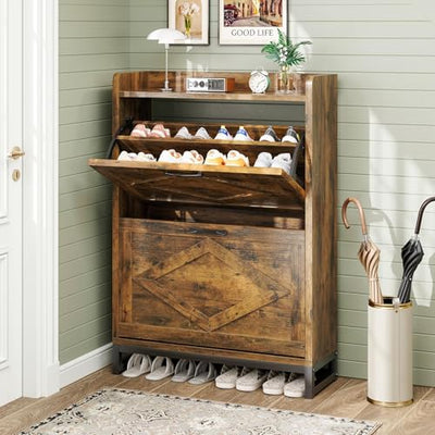 GRUSIGN Shoe Cabinet, Shoe Storage Cabinet with 2 Flip Drawers & Adjustable Shelf, Space-Saving Shoe Organizer – Holds 12+ Pairs, Narrow Shoe Cabinet Storage for Entryway/Hallway(Brown)