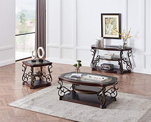 SSLine Traditional Vintage 3-Tier Sofa Console Table with Tempered Glass Table Top,Wood Accent Side Table with Marble Paper Middle Shelf,Hall Table for Living Room Bedroom Entryway SSLine