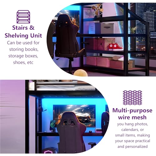 Bellemave Full Loft Bed with Desk & Storage Stairs, Metal Full Size Loft Bed Frame with Iron Nets, LED Lights & USB Ports, Heavy Duty Adult LoftBed for Bedroom, Noise-Free, Black Bellemave