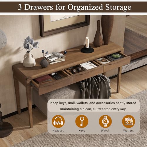 Merax 59.84'' Elegant Console Table with Oak Veneer,Light Luxury Entryway Table with 3 Drawers,Farmhouse Sofa Table with Soft-Corner Design,Suitable for Living Room, Foyer and Hallway, Brown Merax