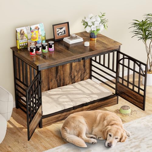 COZPAW 52 Inch Dog Crate Furniture, Extra Large Dog Kennel Indoor for XLarge Breed, Heavy Duty Dog Cage with Double Elegant Arched Doors, Decorate as TV Stand & End Table-Retro Brown COZPAW