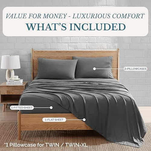 Casa Platino Luxury Bed Sheet Set – Ultra-Soft, Pre-Washed, Cozy and Breathable, 100% Brushed Premium Microfiber with Deep Pockets for a Secure Fit – Twin, Charcoal Casa Platino