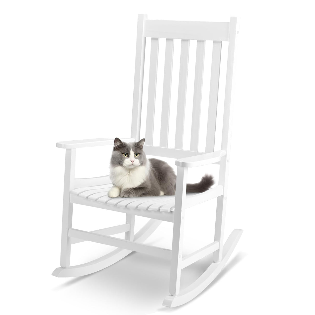 Outvita Outdoor Rocking Chair, Solid Wood High Back Rocker, All Weather Lounge Chair for Porch Patio Fire Pit Garden Backyard Deck Indoor, White Outvita