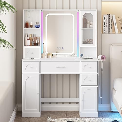 White Vanity Desk with Mirror and Lights,Makeup Vanity with RGB Lights and Power Strip,Makeup Desk Vanity Table with 5 Drawers Lots Storage & Time Display,3 Lighting Modes LED Lighted Mirror,41.3in(L) Fameill
