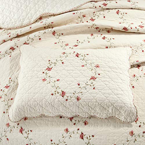 vctops 3-Piece Floral Embroidered Bedspread Coverlet Set 100% Cotton Reversible Patchwork 1 Quilt and 2 Pillow Shams Full/Queen, Flower vctops