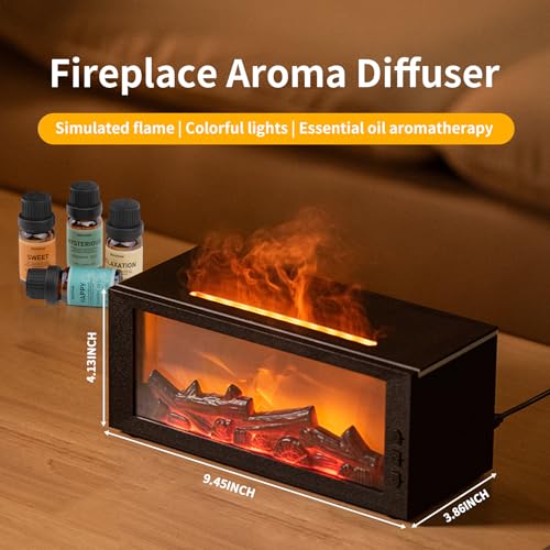 BOHOFAM Fireplace Essential Oil Aroma Diffuser,Flame Air Humidifiers 300ML,14-Hour Runtime,Colorful Flame Diffusers for Home,Included 4 * 10ML Hotel Collection Diffuser Oils for Bedroom(Black) BOHOFAM