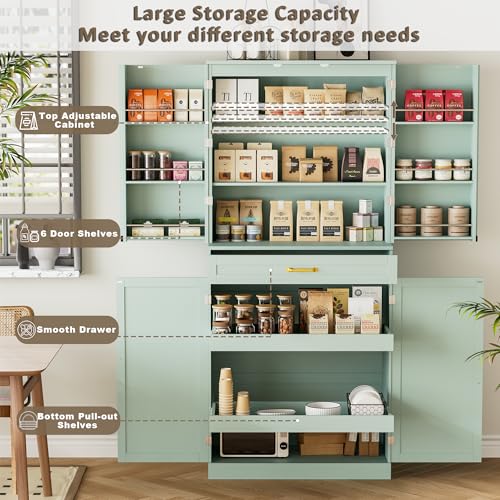 HQZX 71’’ Tall Kitchen Pantry Cabinet, Pantry Storage Cabinet with 6 Doors Shelves, Large Drawer & 2 Pull Out Shelves, Freestanding Cupboard for Kitchen, Dining Room, Green HQZX