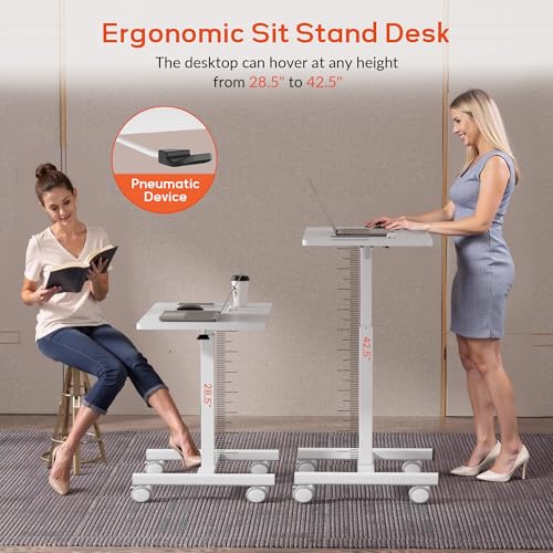 CROWNFURN Mobile Small Standing Rolling Desk Adjustable Height, Portable Laptop Desk on Wheels, Workstation for Home Office with Hook,White CROWNFURN