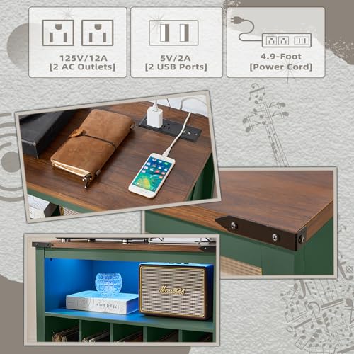 Joaxswe Large Record Player Table with Charging Station & LED Lights, Green Vinyl Record Storage Cabinet Holds up to 230 Albums, Turntable Stand with Display Shelf for Music Room Bedroom Living Room Joaxswe