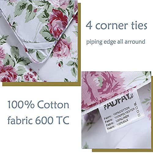 FADFAY Rose Floral Comforter Set Twin Shabby Floral Summer Quilt 100% Cotton Fabric with Soft Microfiber Inner Fill Bedding Lightweight Reversible All Season Down Alternative Duvet Insert 3Pcs, Twin FADFAY