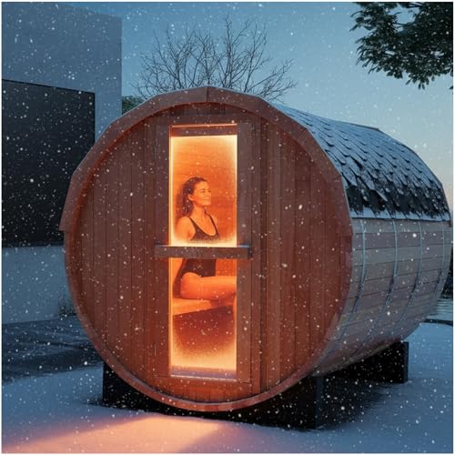 ZONEMEL Outdoor Barrel Steam Sauna, Canadian Red Cedar Sauna Room for 4-6 Person with 6KW Sauna Heater, Volcanic Stones, Asphalt Shingles, 8mm Tempered Glass, 220V, 195°F ZONEMEL
