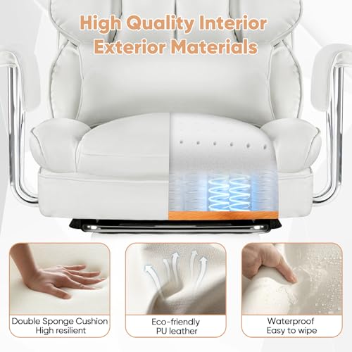 Sweetcrispy Executive Home Office Desk Chair - Ergonomic Big Tall High Back with Footrest & Lumbar Support, Reclining Height Adjustable, Comfy PU Leather Computer Gaming with Swivel Wheels, White Sweetcrispy