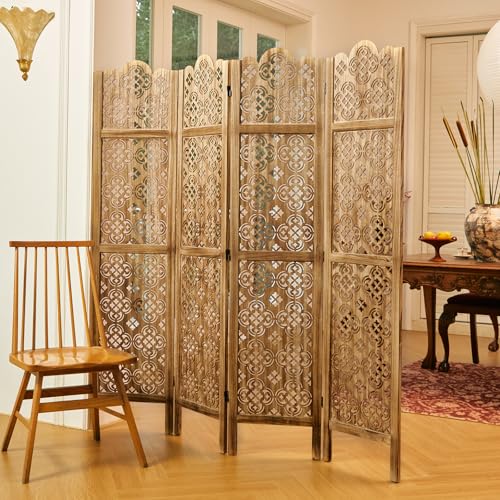 68.9Inch Folding Room Divider, 4 Panels Wood Carved Privacy Screens - Ideal Decorative Partition for Home, Office, Restaurant, Bedroom (Dark Brown) Svimi