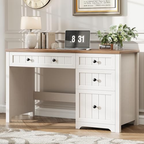 Vabches Farmhouse Executive Desk with 4 Drawers, Home Office Desk with File Drawer, Wood Computer Desk with Storage, Rustic Office Desk for Work Study Writing, Brown White Vabches