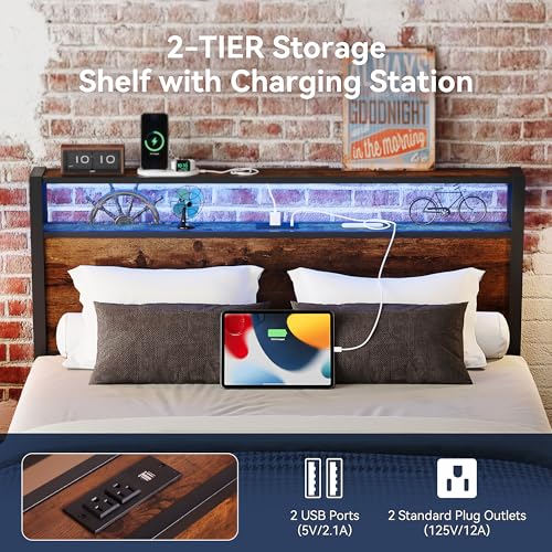 Queen Bed Frame with Storage Headboard and Charging Station, Metal Bedframe with LED Lights, Queen Size Platform Bed with Heavy Duty Slats, 100% Anti-Slip Mattress, No Box Spring Needed, Rustic Brown Susalt