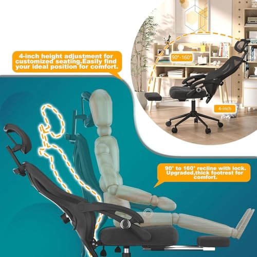 Ergonomic Office Chair with Footrest - Adjustable Lumbar Support & Headrest, 90-160° Reclining Mesh Back Computer Chair - Home Office/Gaming, 350lbs Capacity (SGS Certified) CYKOV