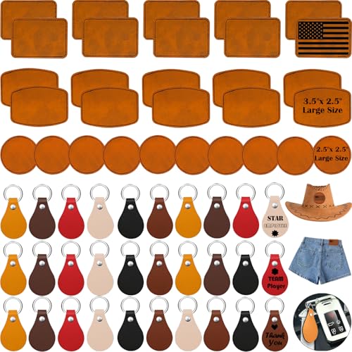 iFForce 60 Pcs Lasable Engravable Blanks - Leatherette Iron on Hat Patches & PU Leather Key Fob Kit for DIY Custom Laser Engraving Craft Gifts iFForce