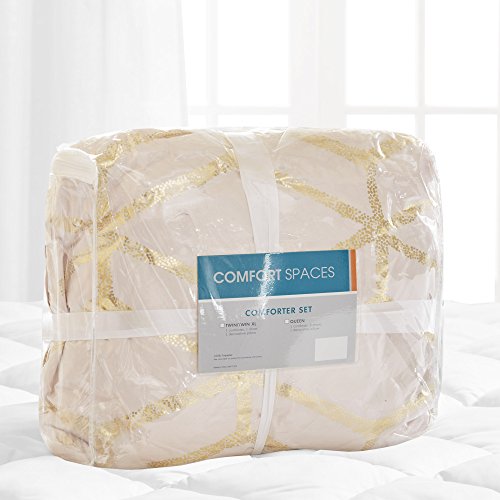 Comfort Spaces Vivian Comforter Set Ultra Soft All Season Lightweight Modern Geometric Glam Metallic Print Bedding, Matching Sham, Decorative Pillow, Full/Queen, Geometric Blush/Gold Comfort Spaces