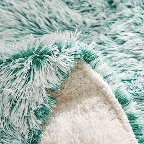 Flysheep Luxury Faux Fur Shaggy Fluffy Comforter Set Twin Size Mixed Aqua and White Long Hair, 3 Pieces Plush Flannel Sherpa Backing Reversible Soft Microfiber Bedding Set Super Warm for Winter Flysheep