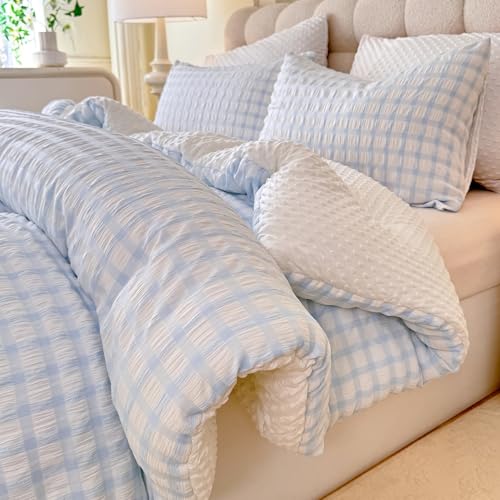 tohrisa Boho Comforter Set Full Size - 3 Pieces Lightweight Jacquard Seersucker Bedding Sets (1 Soft Fluffy Grid Comforter & & 2 Pillowcases) - All Seasons Cozy Modern Bed Set(80"x90" Light Blue) tohrisa