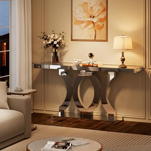Condemo 55 Inches Mirrored Console Table, Entryway Table with Geometric Base, Modern Sofa Table Behind Couch for Living Room, Accent Table for Hallway, Foyer, Entrance (Silver Mirror) Condemo