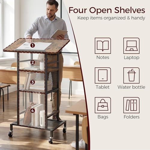 MAHANCRIS Podium Stand with Locking Wheels, 4-Tier Mobile Lectern with Storage Shelves and Non-Slip Lip, for Classroom, Church, Conference Standing Desk, Rustic Brown and Black LPHR6001 MAHANCRIS