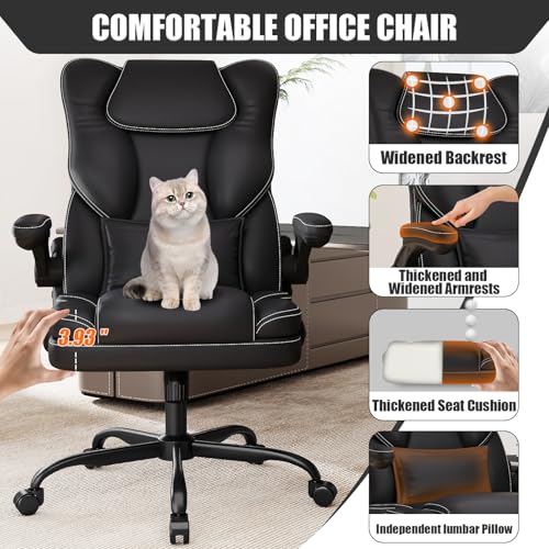 Ergonomic Office Chair with Flip-up Armrests 300lbs,Middle-Tall Computer Office Desk Chair with Lumbar Support,Executive Leather Chair with Rocking Function Adjustable Height for Home Office Box DesignLab