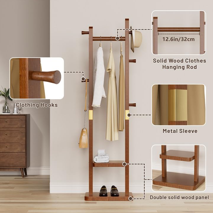 Taitiy Solid Wood Coat Rack Clothes Rack, Coat Rack Freestanding with 2 Shelves and 5 Hooks, Heavy Duty Coat Tree for Entryway, Living room, Coat Hanger Stand for Hats, Bags Clothes(Walnut Brown) Taitiy
