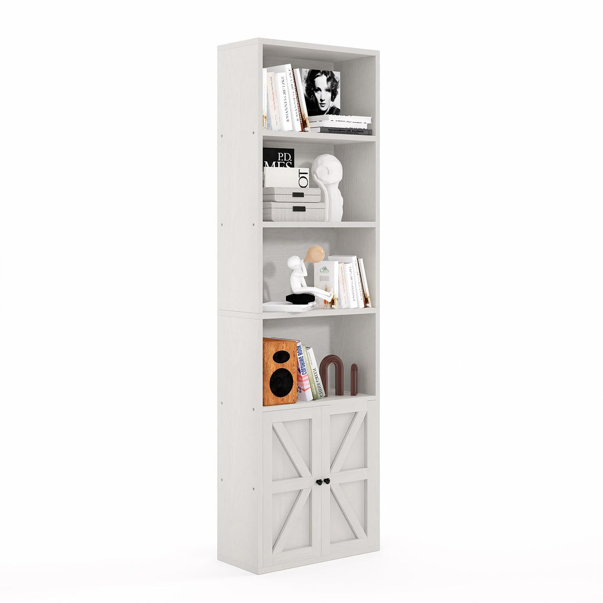 MXV 6 Tier 71" Tall Wooden Bookshelf&Bookcase with Doors, Storage Shelves Organizer, Floor Standing Modern Display Cabinet Shelves, Home Decor Furniture for Home Office, Living Room, Bedroom, White MXV