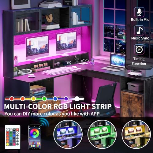 YITAHOME L Shaped Desk with Drawers & Hutch, 61" Computer Desk with Power Outlets & LED Lights, Corner Office Desk with Storage Cabinet, Drafting Table, Wood Desk, Black & Rustic Brown YITAHOME