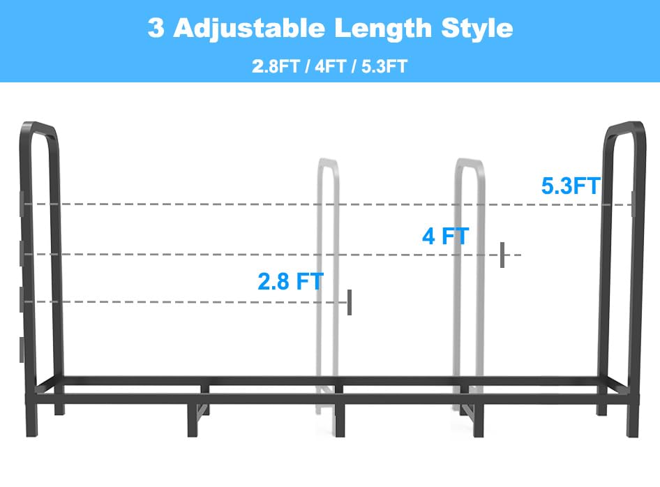 Tikimilor 5.3ft Firewood Rack Holder, Adjustable Heavy Duty Fire Log Stacker Stand for Fireplace, Outdoor Indoor Metal Wood Pile Storage Organizer, Patio Logs Stand tool, Black Tikimilor