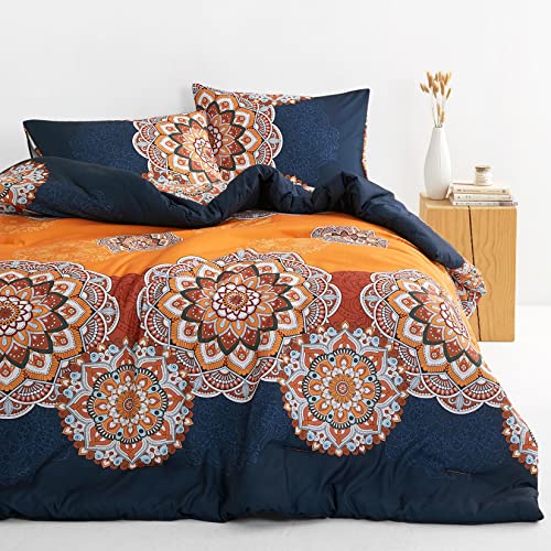 Wake In Cloud - Bohemian Comforter Set, Boho Chic Ornate Floral Elements Pattern Printed for Men Women, Soft Lightweight Bedding, 3 Pieces, Orange Navy, Queen Size Wake In Cloud